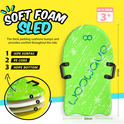 3 &quot; Woowave Durable Green Adult Snow Ski Sled Meilleures traîneaux de neige en mousse pour enfants et adultes 1&quot; épaisseur de planche
